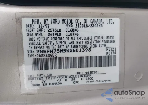 1998 Mercury Grand Marquis из США, поврежденный, VIN 2MEFM75W5WX601398